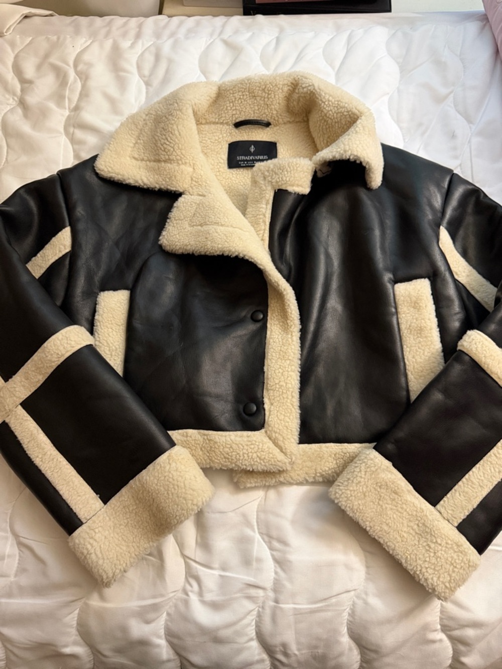 Shearling-Trim Black Faux Leather Jacket - STRADIVARIUS